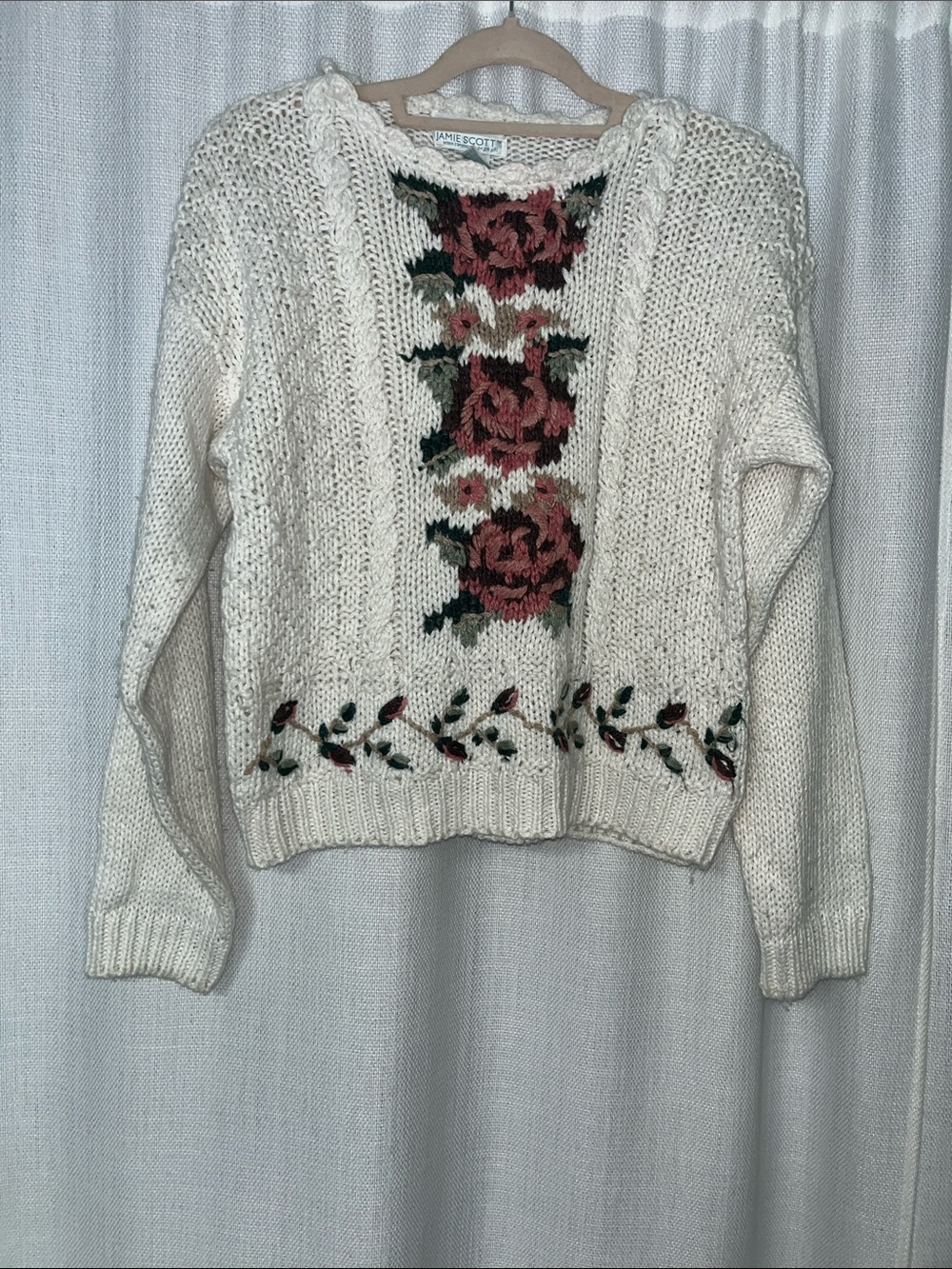 Cream Knit Crewneck Sweater with Rose Embroidery
